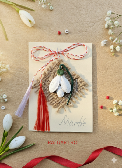 Poza cu Mărțișor ghiocel creativ – Design inedit din semințe de dovleac și iută